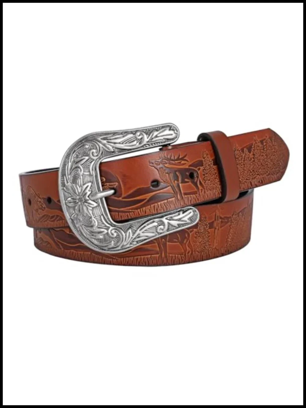 Western Leather Belt with Removable Silver Buckle - Men Women